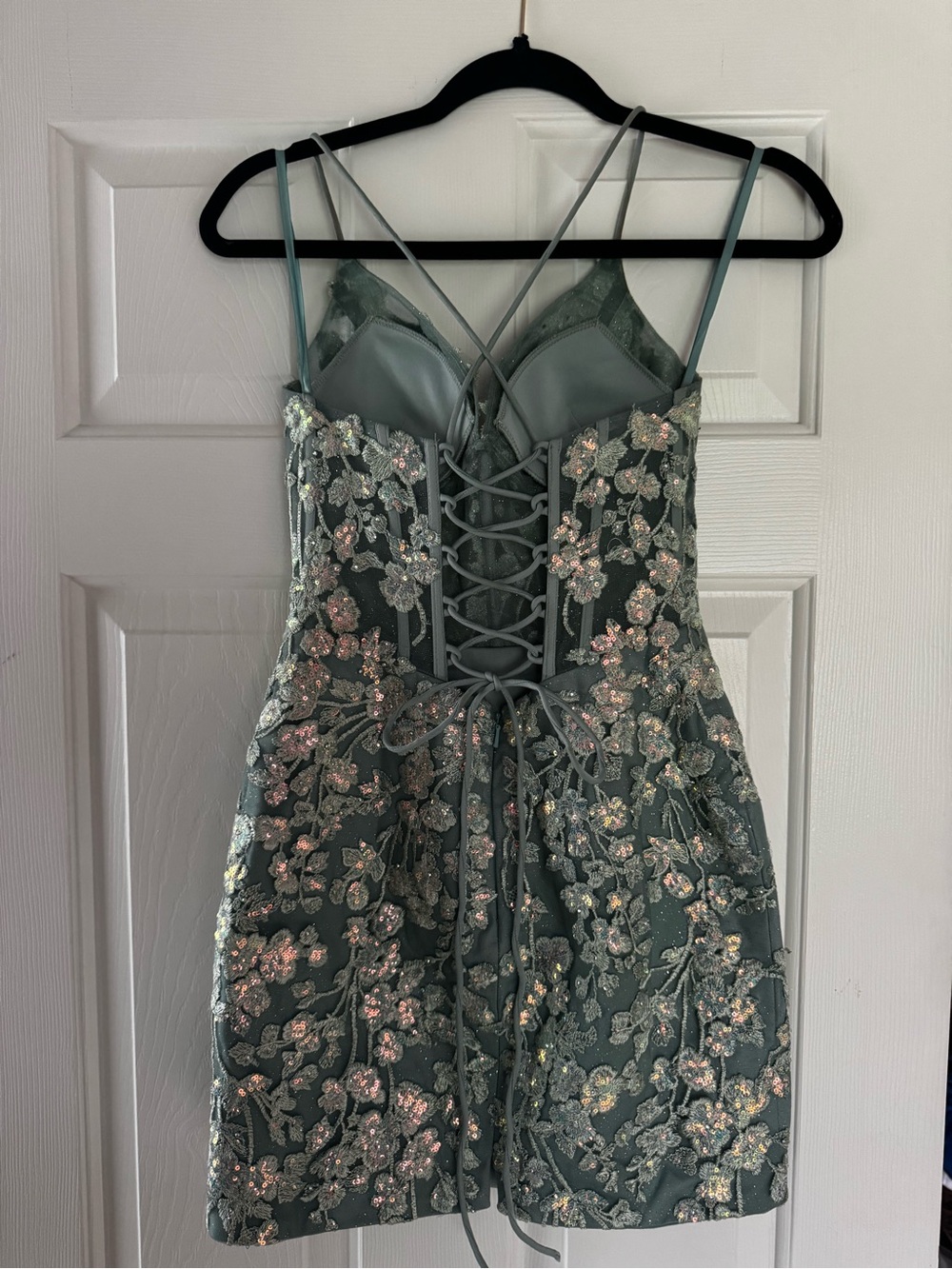 Floral Embroidered Sage Green Spaghetti Strap Dress